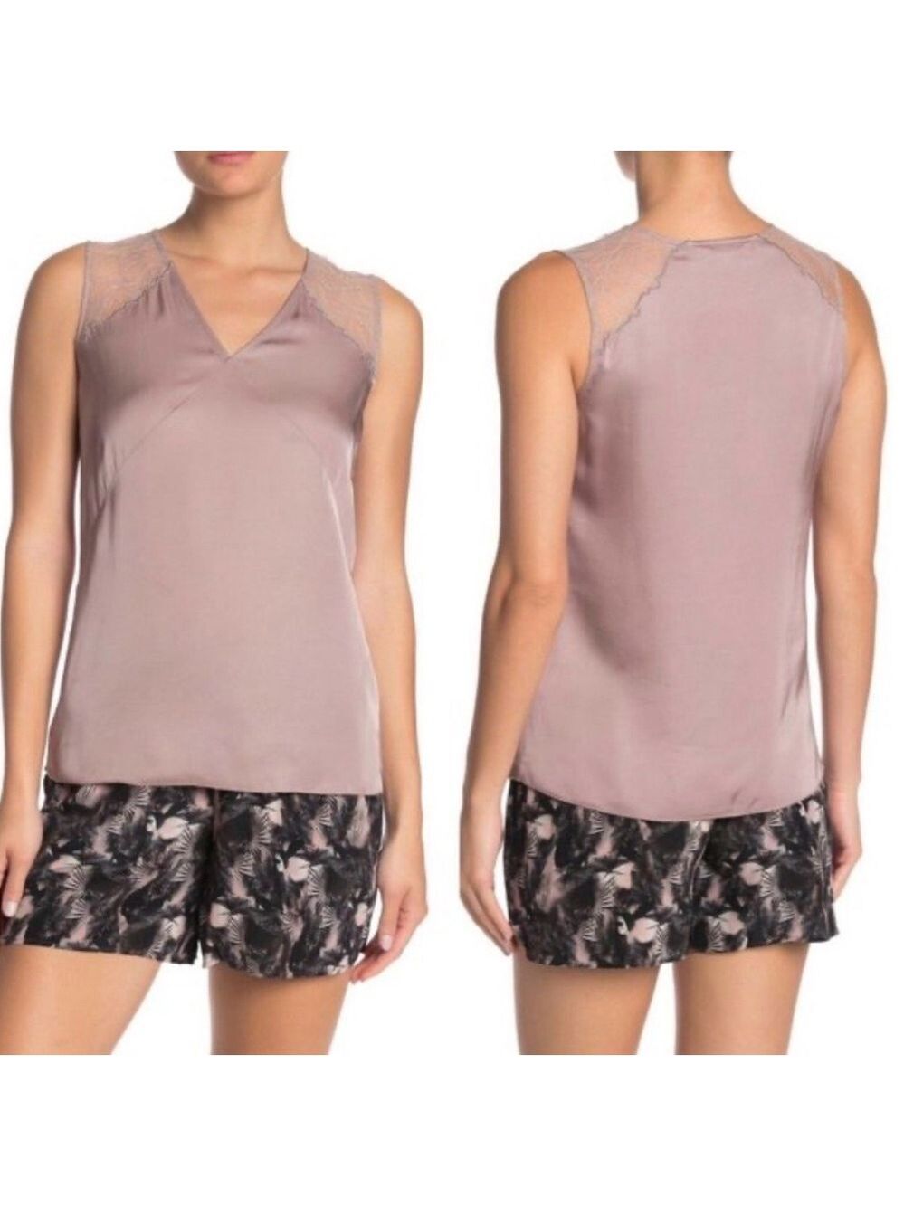 AllSaints Prism Lace Shoulder Sleeveless Blouse Taupe Silk Look Top US 4
